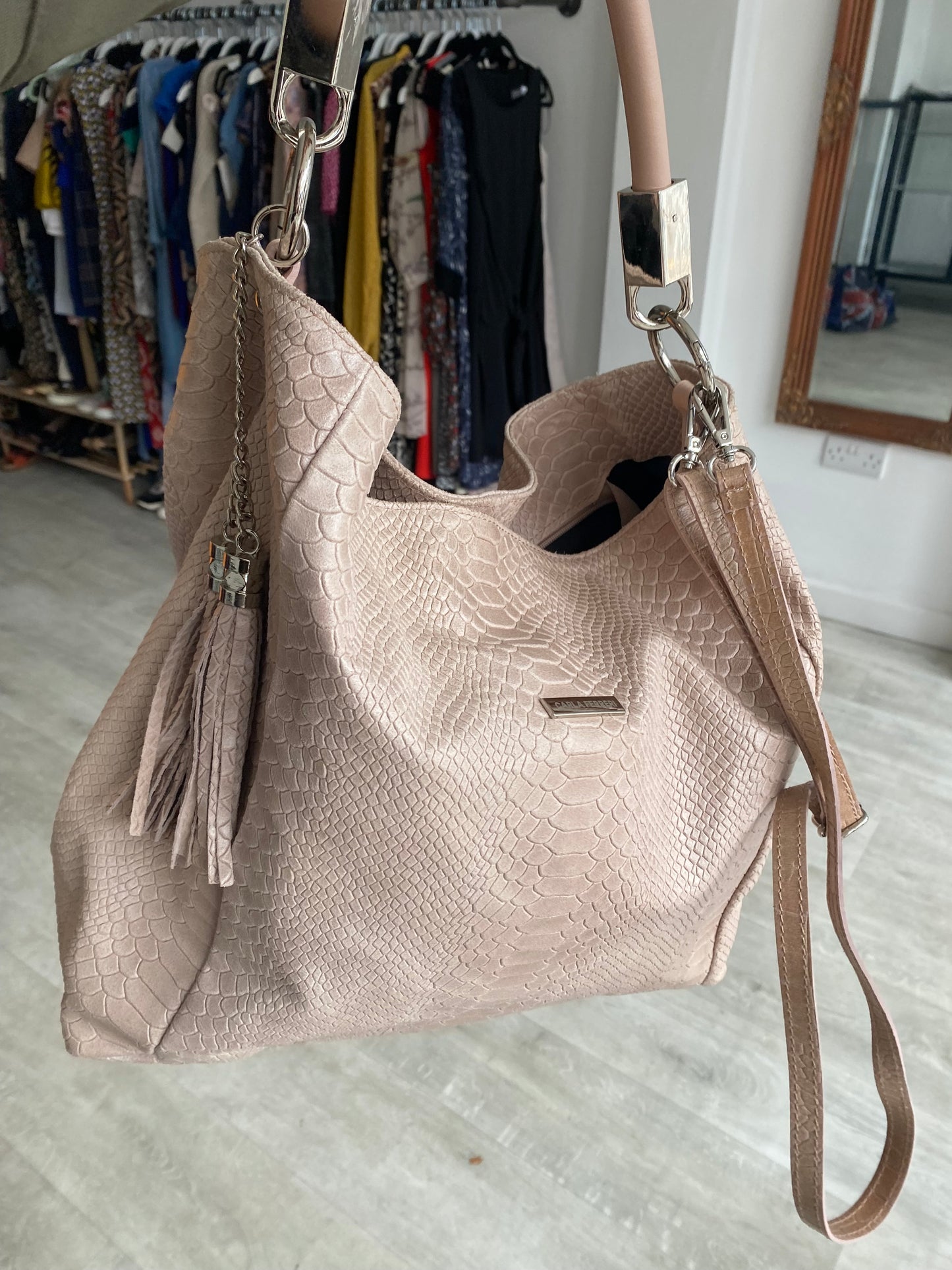 Carla Ferreri Blush Pink Textured Leather Tote Handbag with Dust Bag