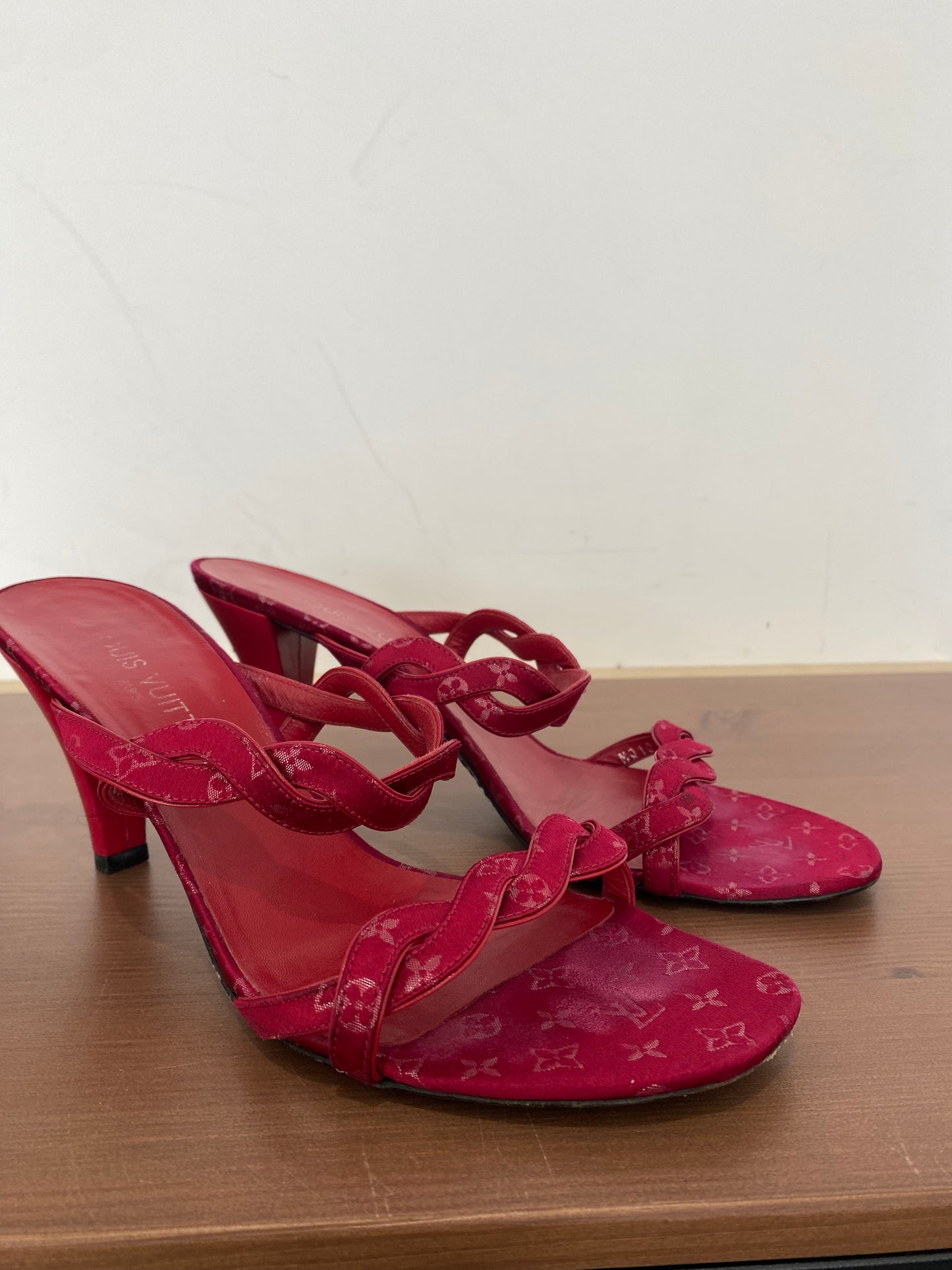 Louis Vuitton Dark Red Monogram Heeled Sandals Size 6 with Dust Bag and Box