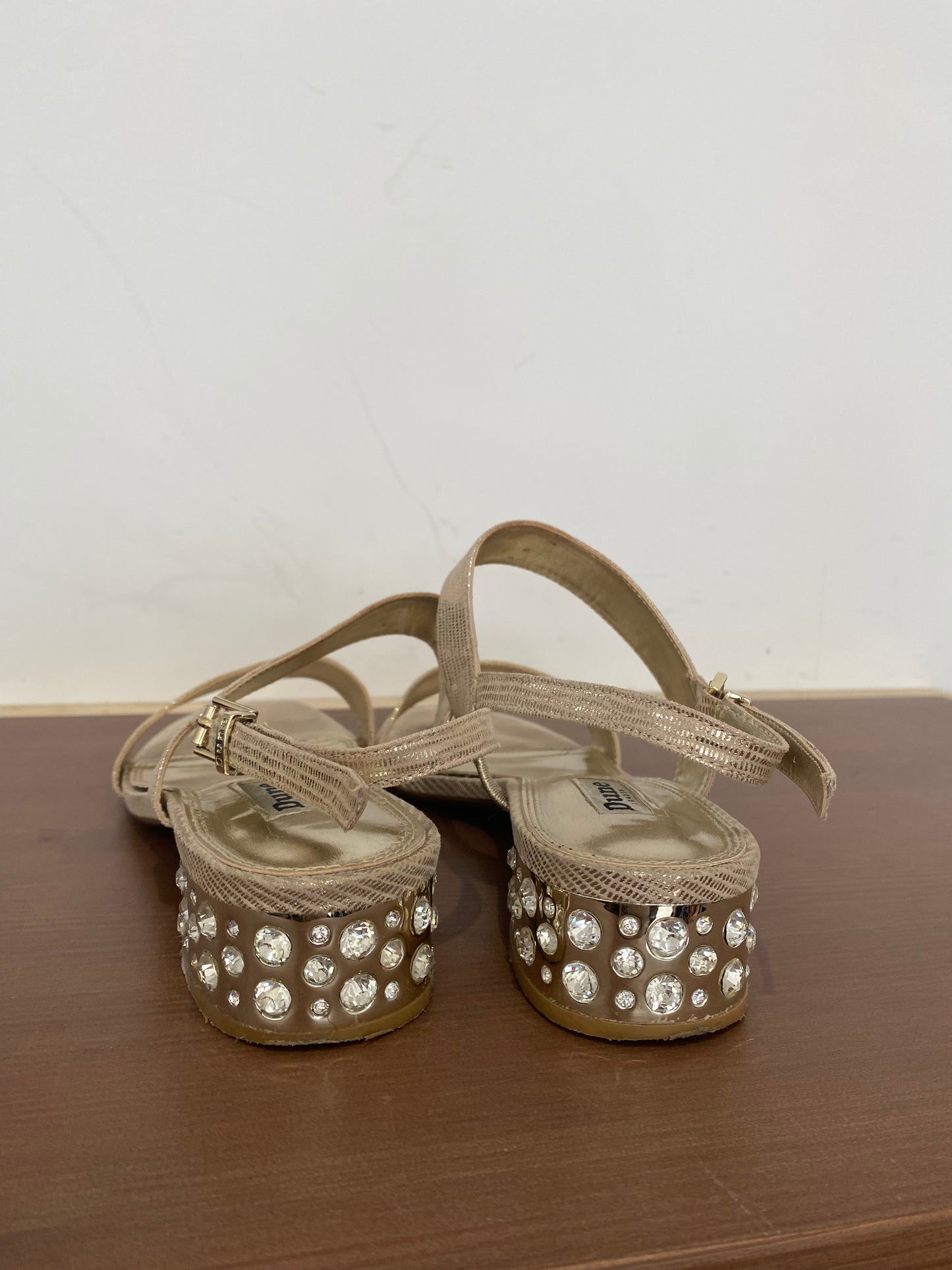 Dune Gold Shimmer Ninah Sandals with Diamante Block Heels Size 6