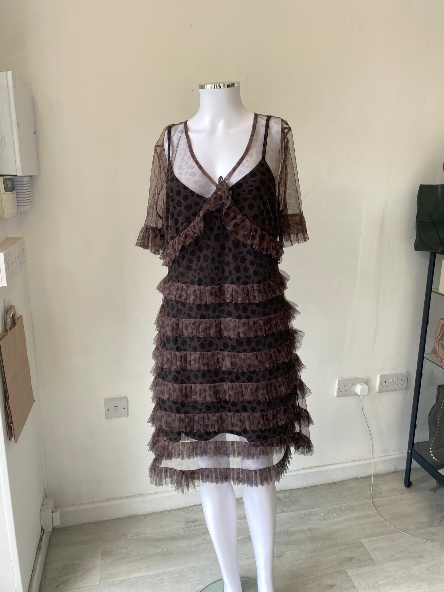 Never Fully Dressed Leopard Print Sheer Ruffle Dress Size 16
