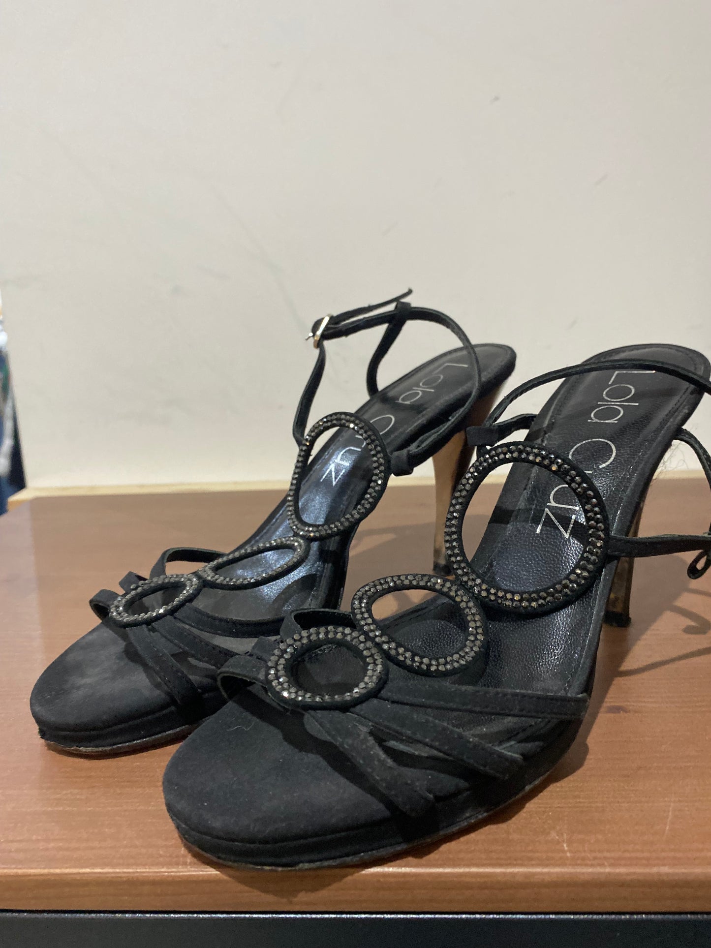 Lola Cruz Black Fabric Heeled Sandals with Diamante Circles Size 6