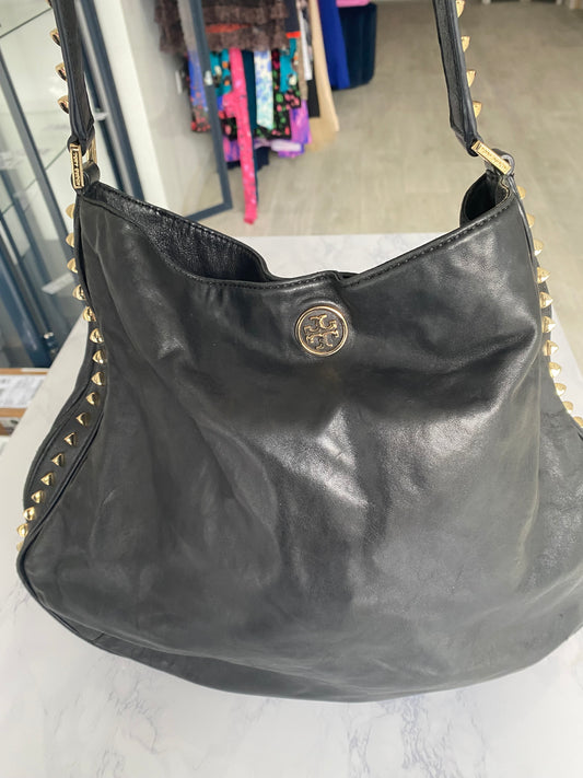 Tory Burch Black Leather Studded Hobo Handbag