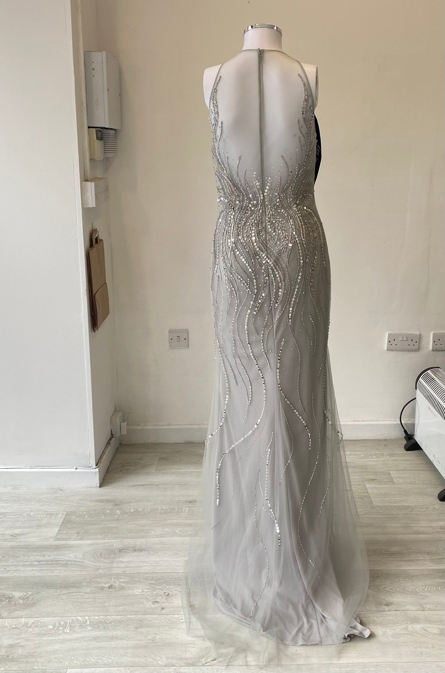 Angel Forever Silver Beaded Full Length Prom Dress Size 8
