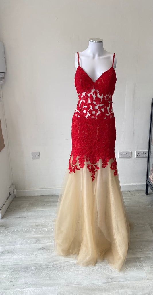 La Femme Red Lace Gown with Beige Mesh Skirt Prom Dress Size 8