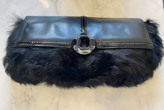 LK Bennett Black Leather and Faux Fur Clutch Handbag