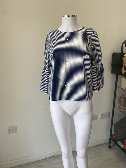 Zara Blue and White Striped Top with Pearl Beads Size 8-10