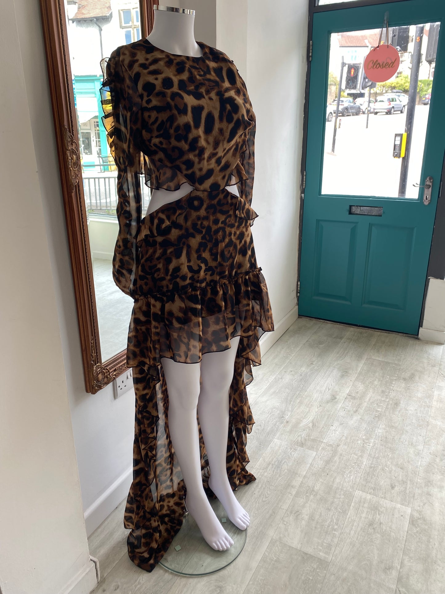 Leopard Print Cut Out Dress with Train Size 6-8