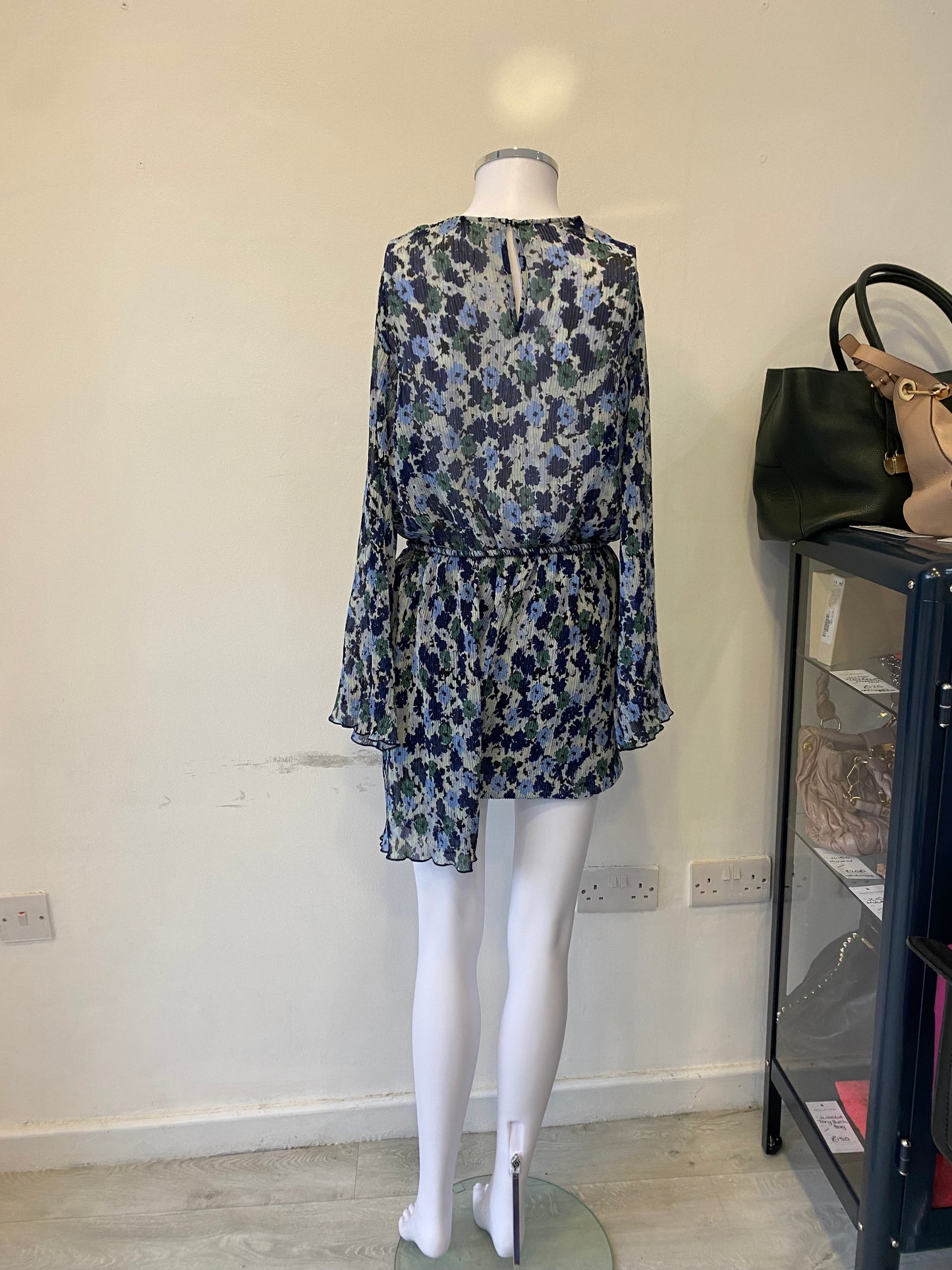 Zara Blue Floral Pleated Belted Dress Size Medium 12