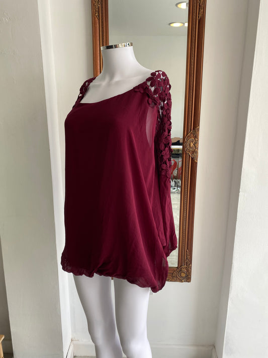 Phase Eight Burgundy Batwing Top with Floral Shoulder Detailing Size 16
