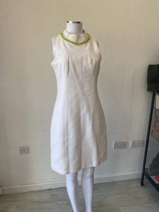 Ted Baker White Textured Dress with Beaded Neckline Size 10