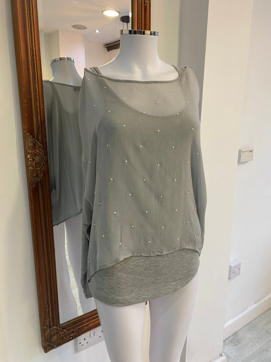 Mint Velvet Grey Top with Sheer Beaded Layer Size 8