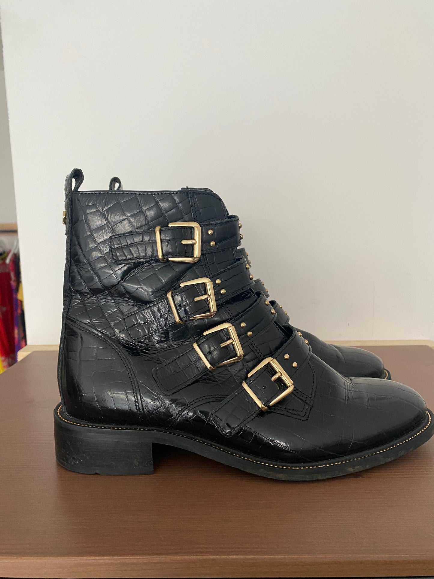 Carvella Black Leather Buckle Ankle Boots Size 7