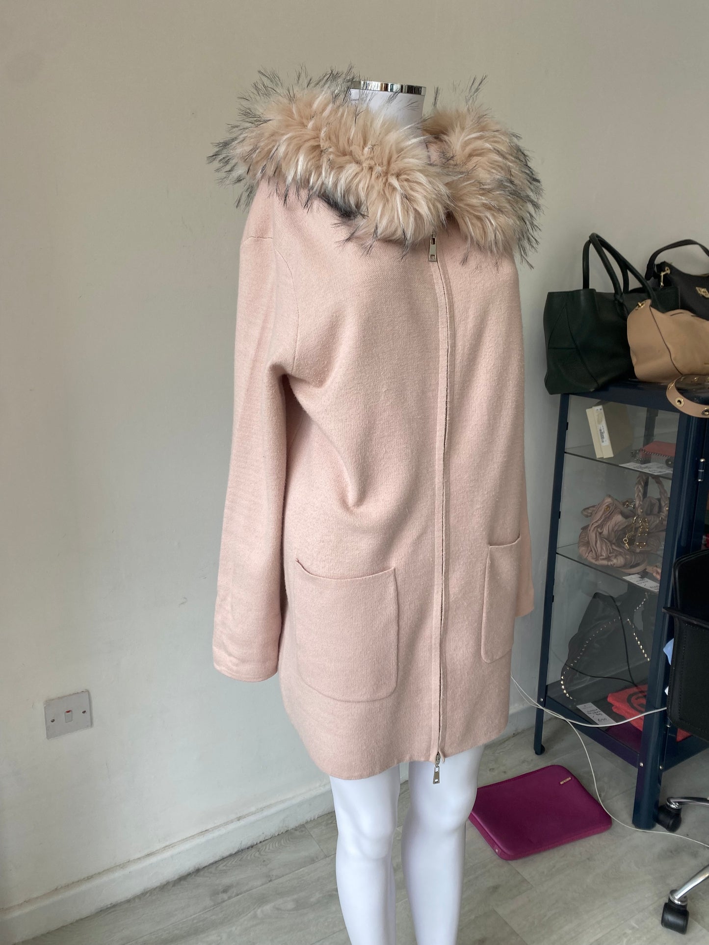 Rino and Pelle Blush Pink Coat Cardigan with Faux Fur Hood Size 12-14