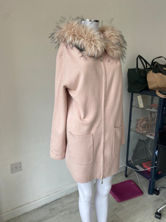 Rino and Pelle Blush Pink Coat Cardigan with Faux Fur Hood Size 12-14