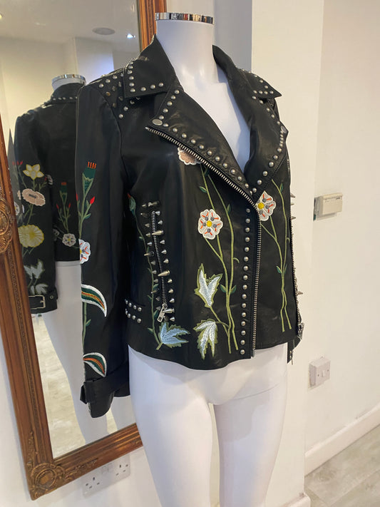 Topshop Black Leather Jacket with Floral Embroidery and Studs Size 8