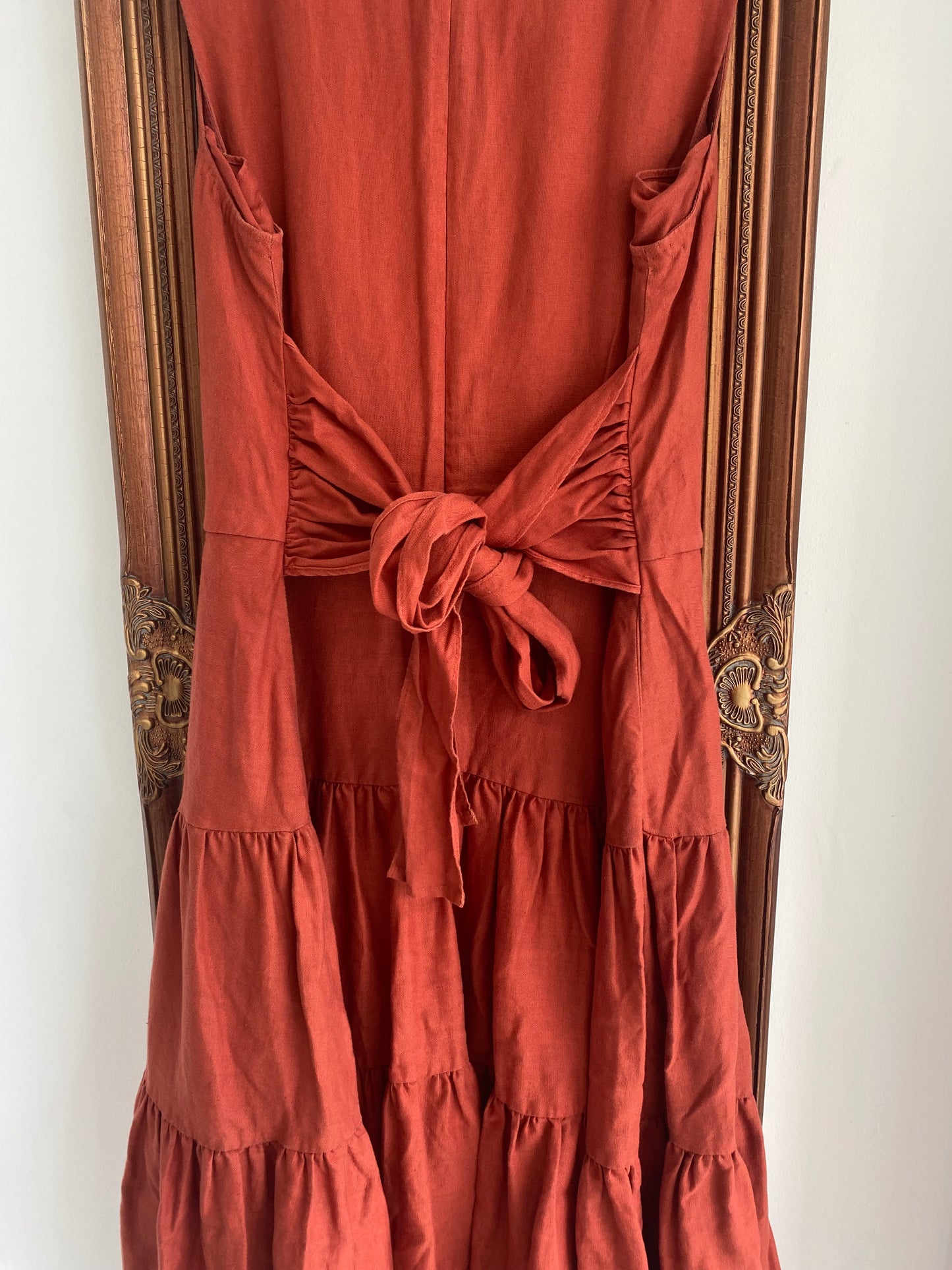 Hobbs Burnt Orange Linen Tiered Maxi Dress Size 16
