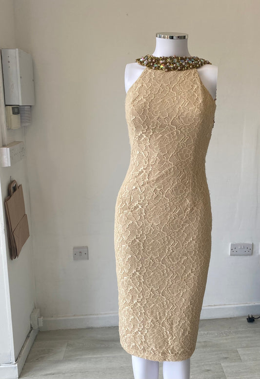 Pia Michi Beige Lace Backless Dress Size 8