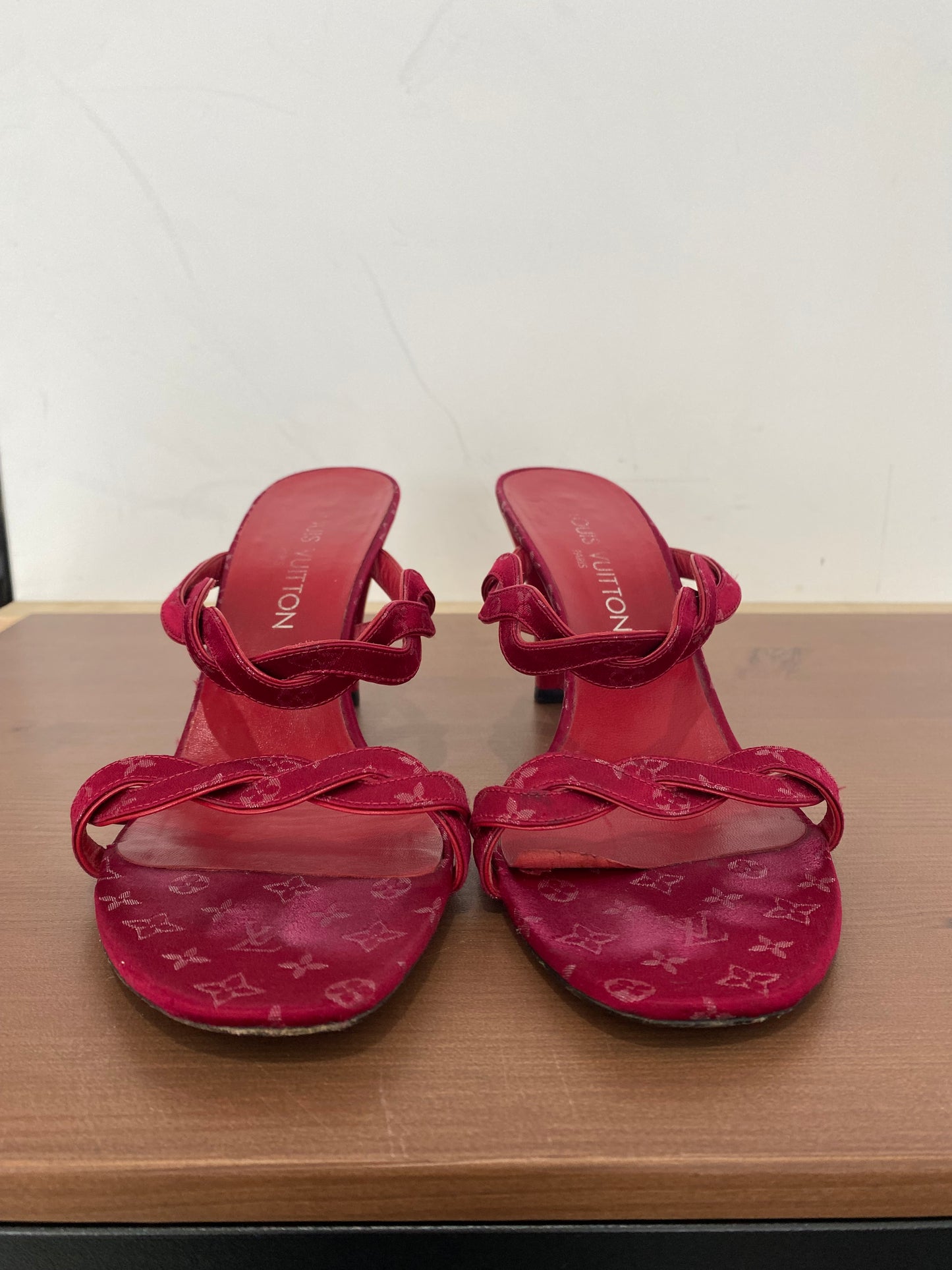 Louis Vuitton Dark Red Monogram Heeled Sandals Size 6 with Dust Bag and Box