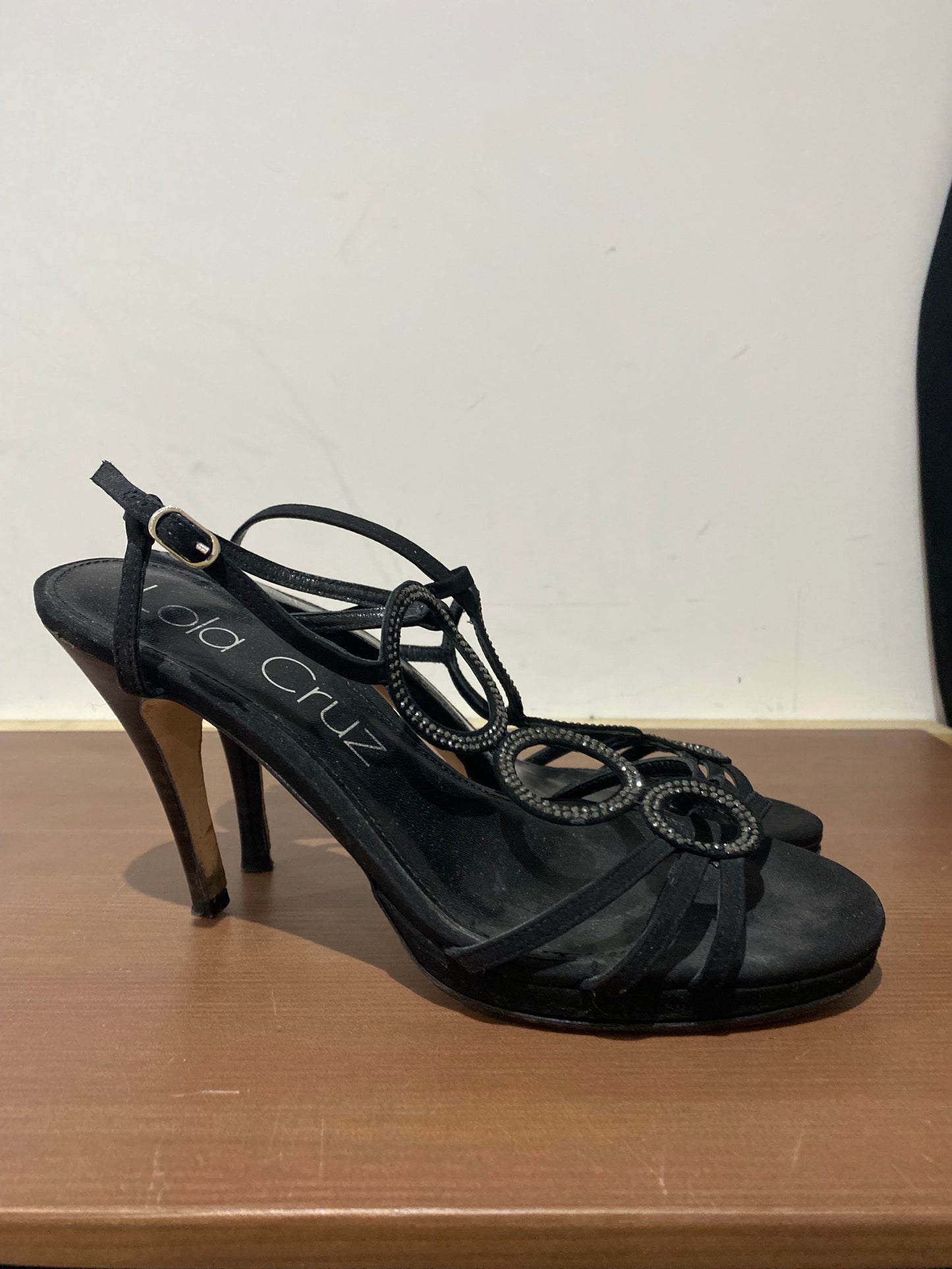 Lola Cruz Black Fabric Heeled Sandals with Diamante Circles Size 6