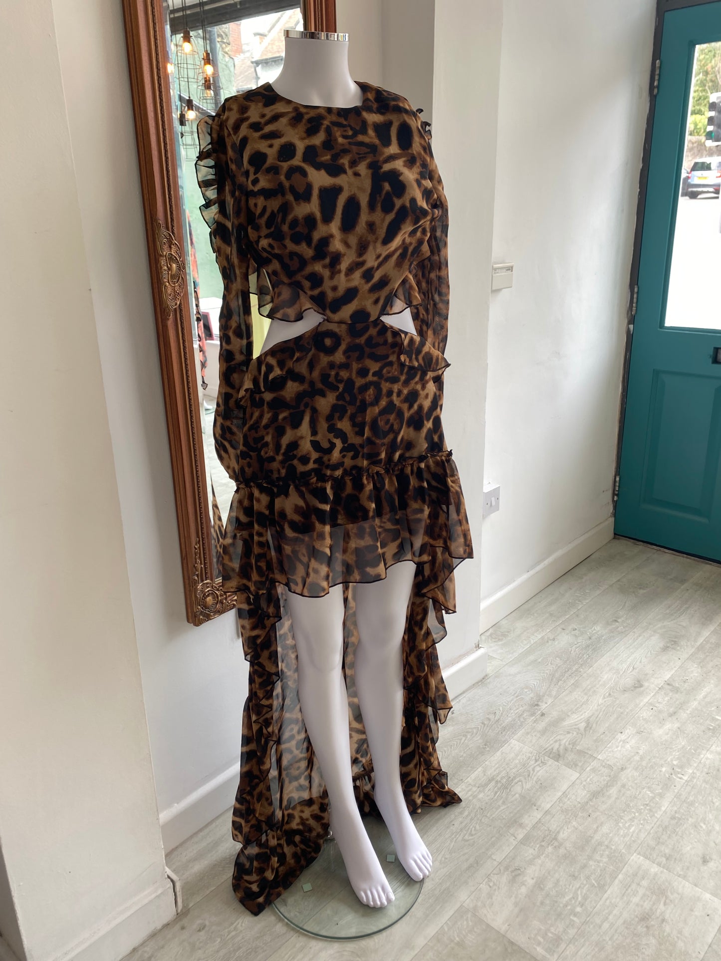 Leopard Print Cut Out Dress with Train Size 6-8