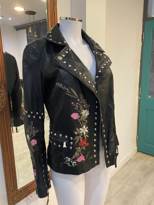 Rokoko Black Leather Jacket with Floral Embroidery and Studs Size 8-10 New with Tags