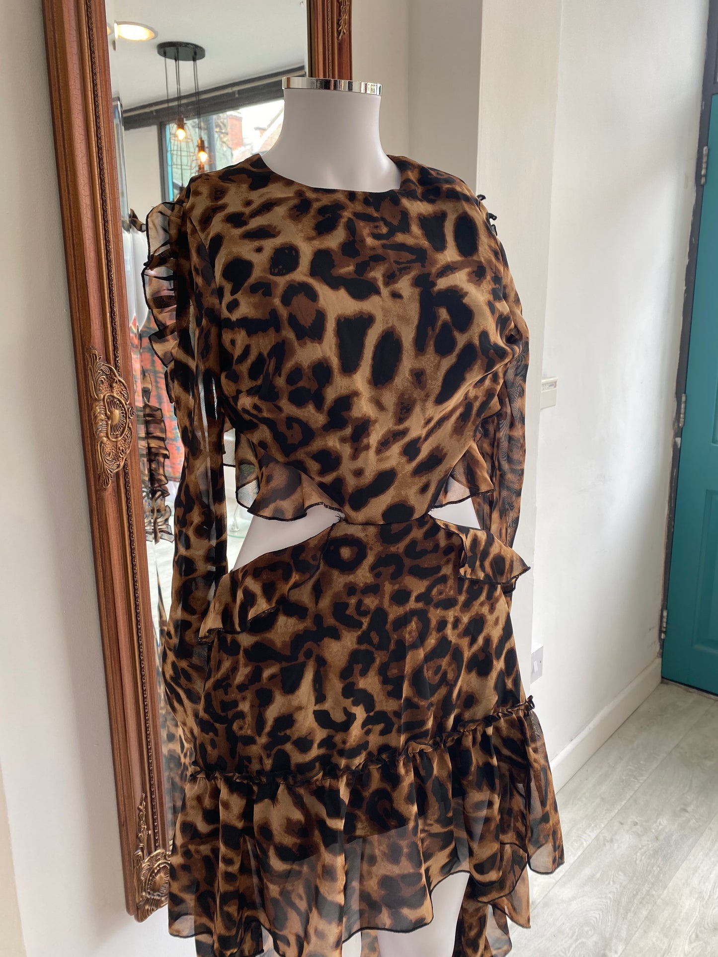 Leopard Print Cut Out Dress with Train Size 6-8