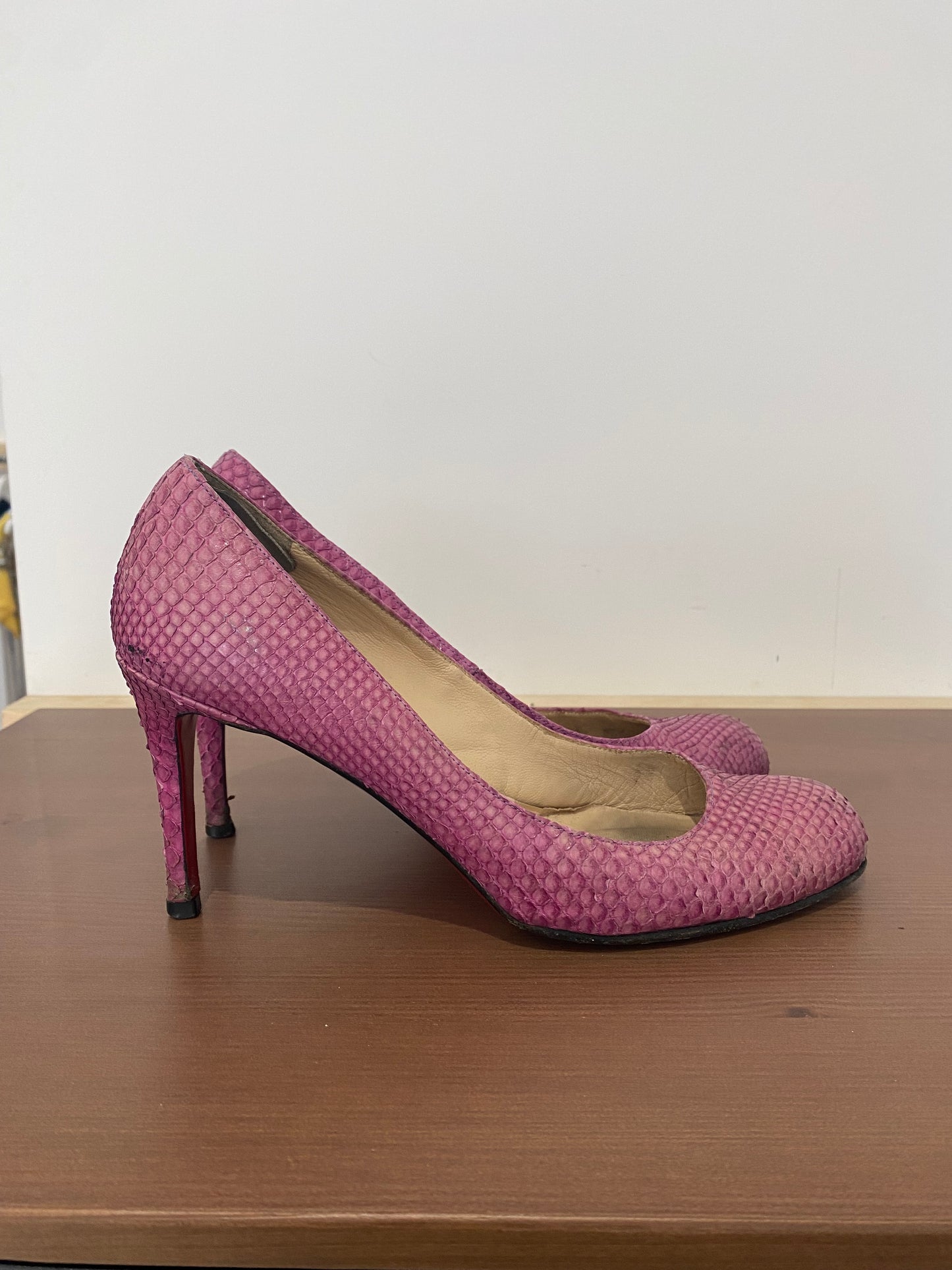 Christian Louboutin Pink Snake Affect Round Toe Heels Size 5.5