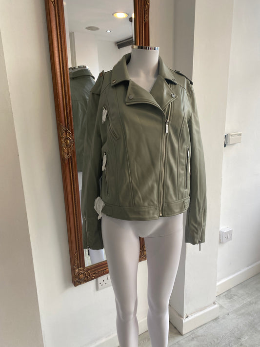 Lipsy Green Faux Leather Biker Jacket Size 14 New with Tags