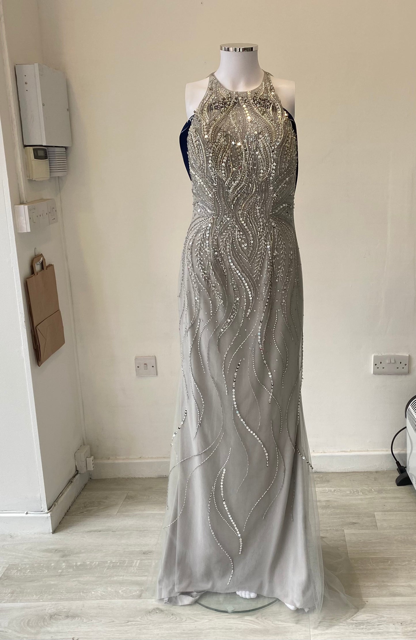 Angel Forever Silver Beaded Full Length Prom Dress Size 8