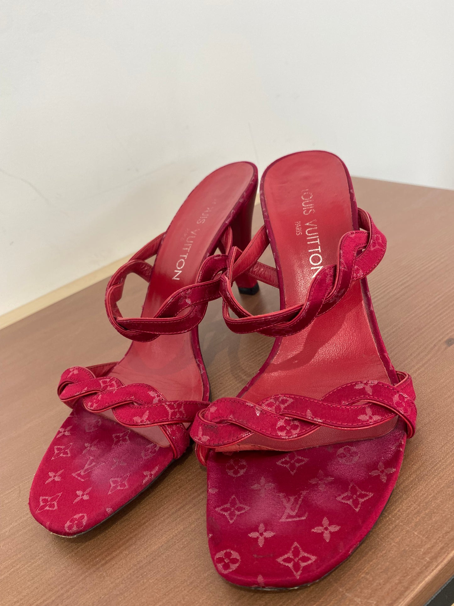 Louis Vuitton Dark Red Monogram Heeled Sandals Size 6 with Dust Bag and Box