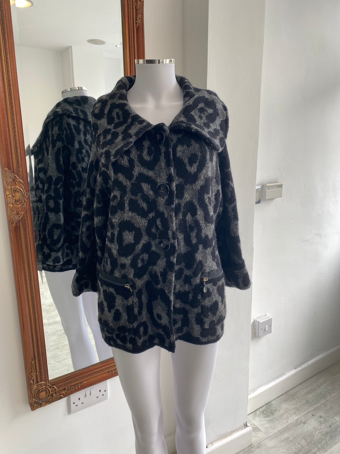 Faber Grey Leopard Print Mohair Cardigan Coat