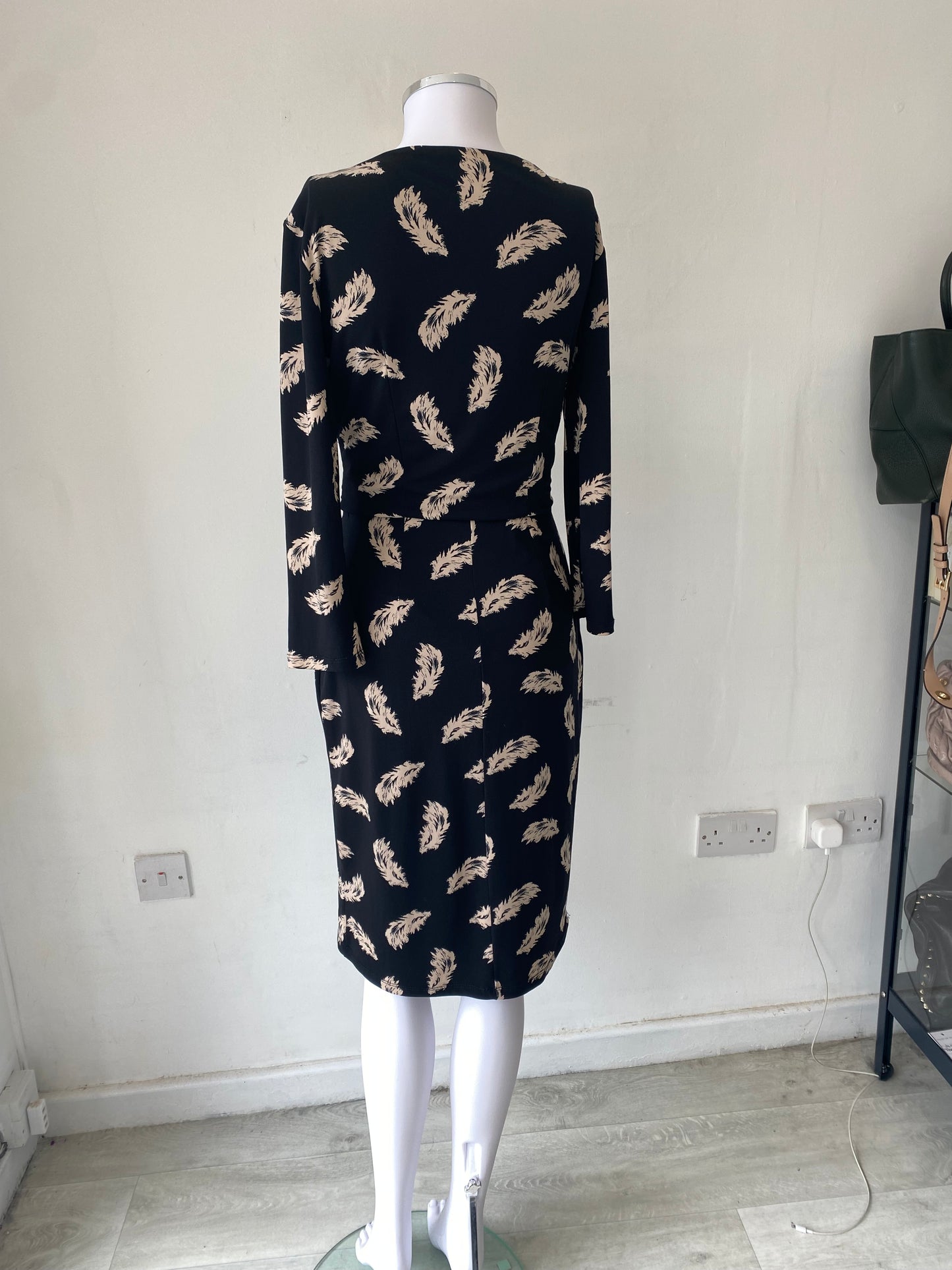 Phase Eight Black Feather Print Dress Size 8