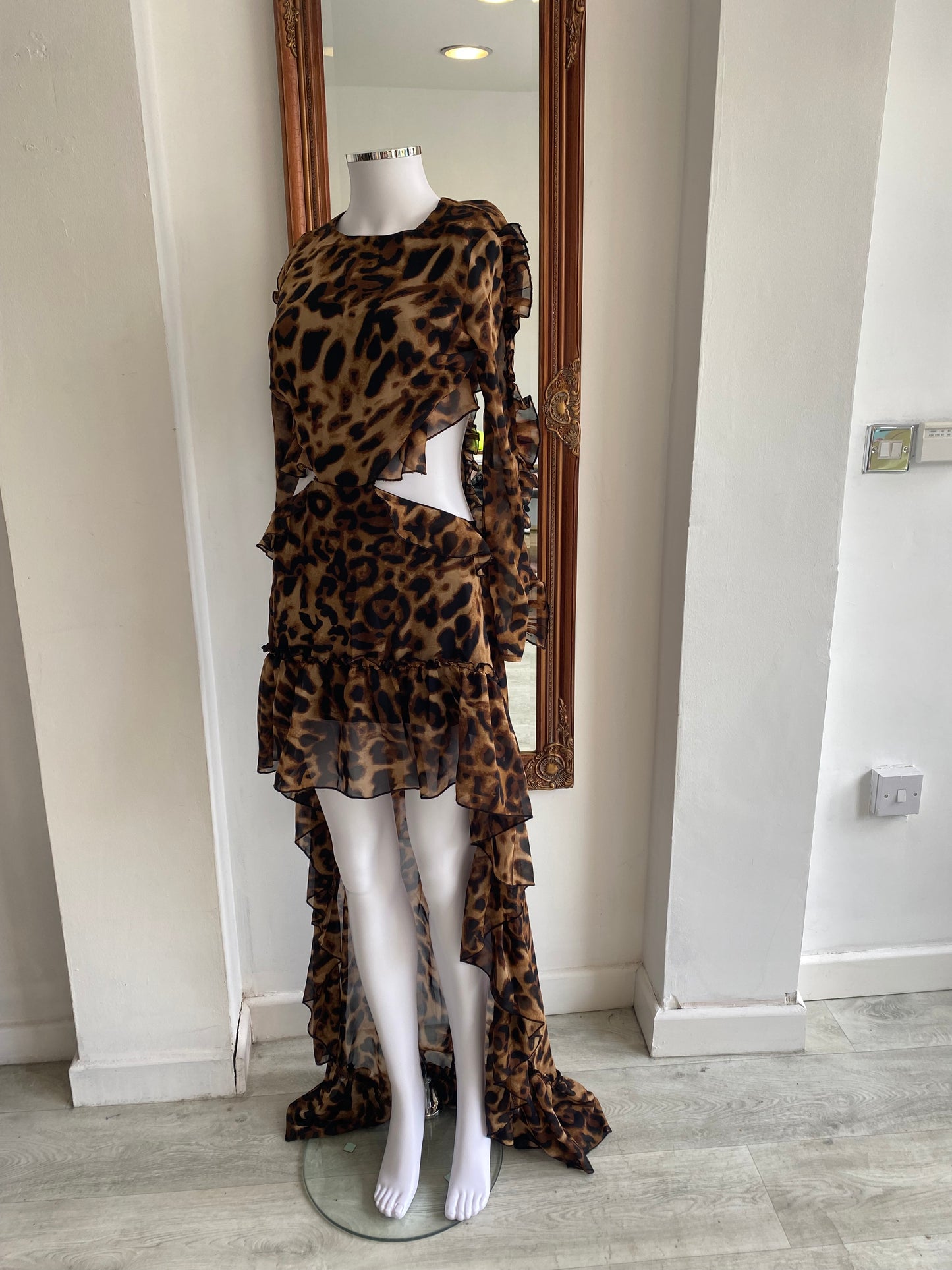 Leopard Print Cut Out Dress with Train Size 6-8