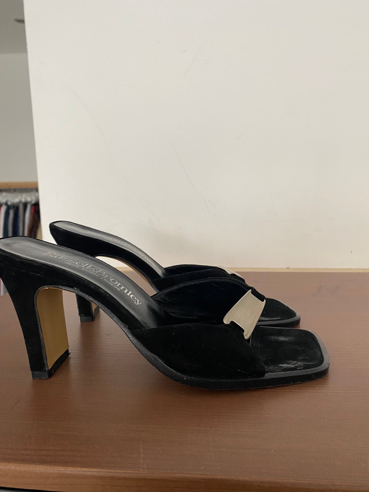 Russell and Bromley Black Heeled Mules Size 2.5