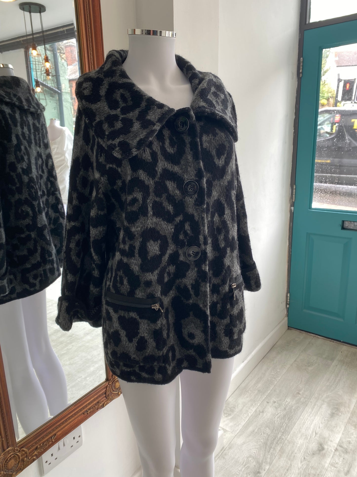 Faber Grey Leopard Print Mohair Cardigan Coat