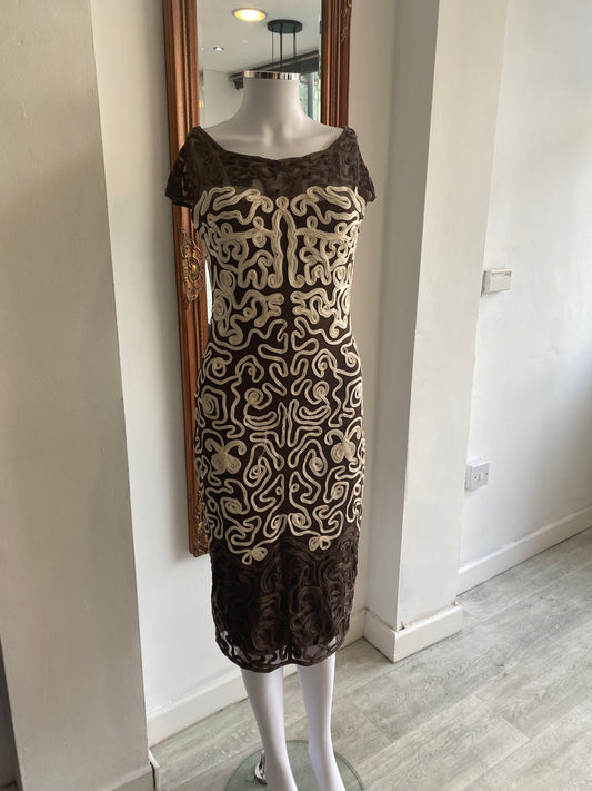 Phase Eight Brown and Cream Appliqué Dress Size 10