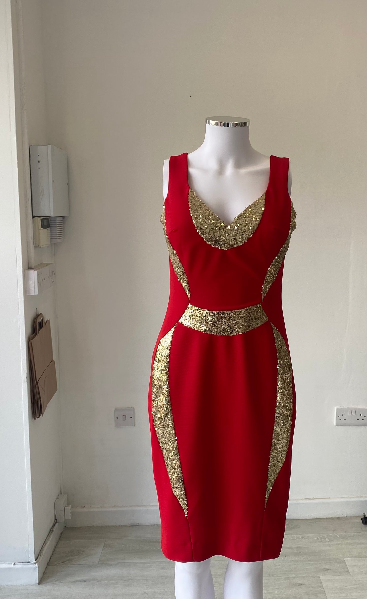 Pia Michi Red Dress with Gold Sequins Size 10