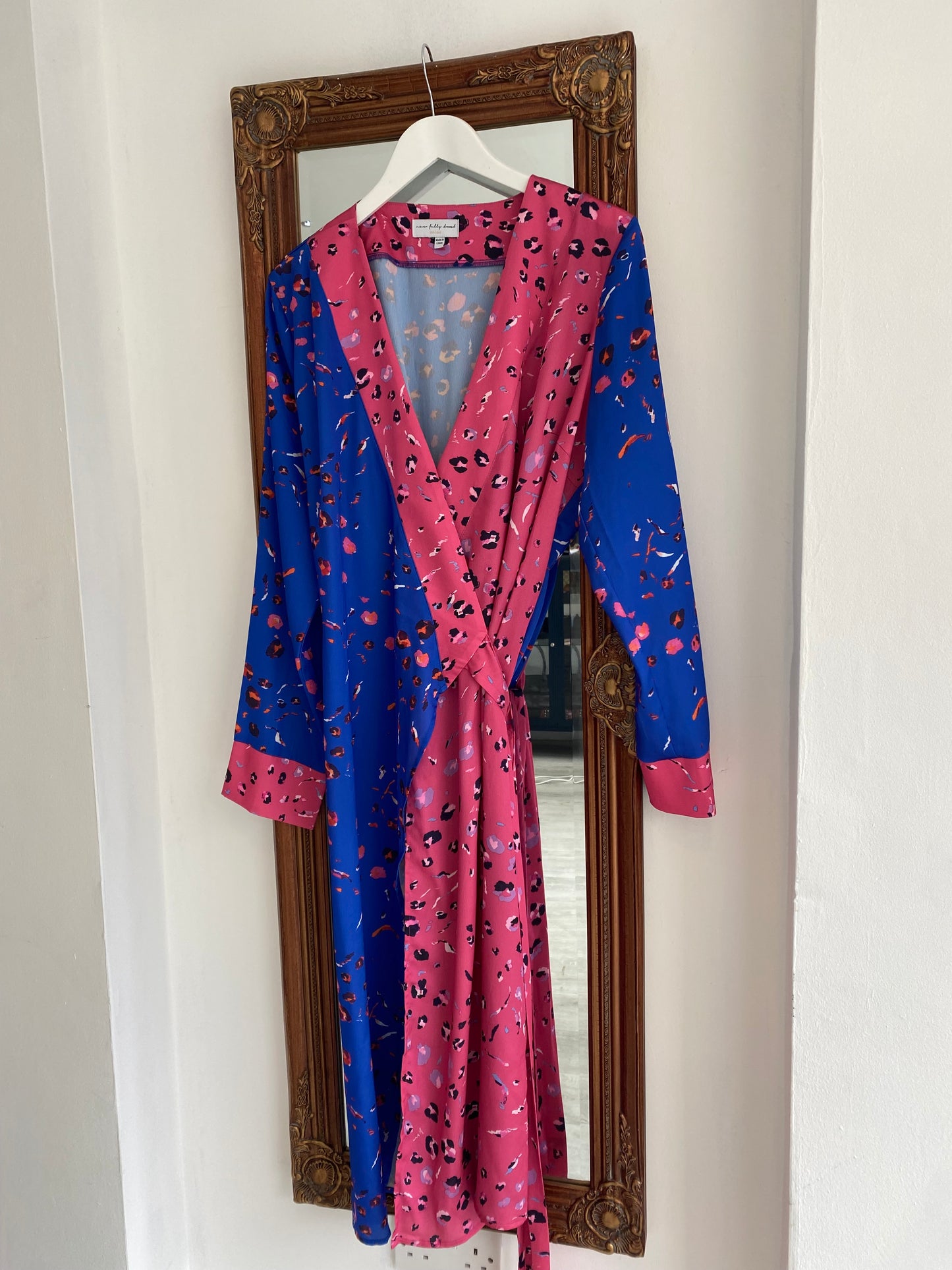 Never Fully Dressed Blue and Pink Leopard Print Wrap Dress Size 16