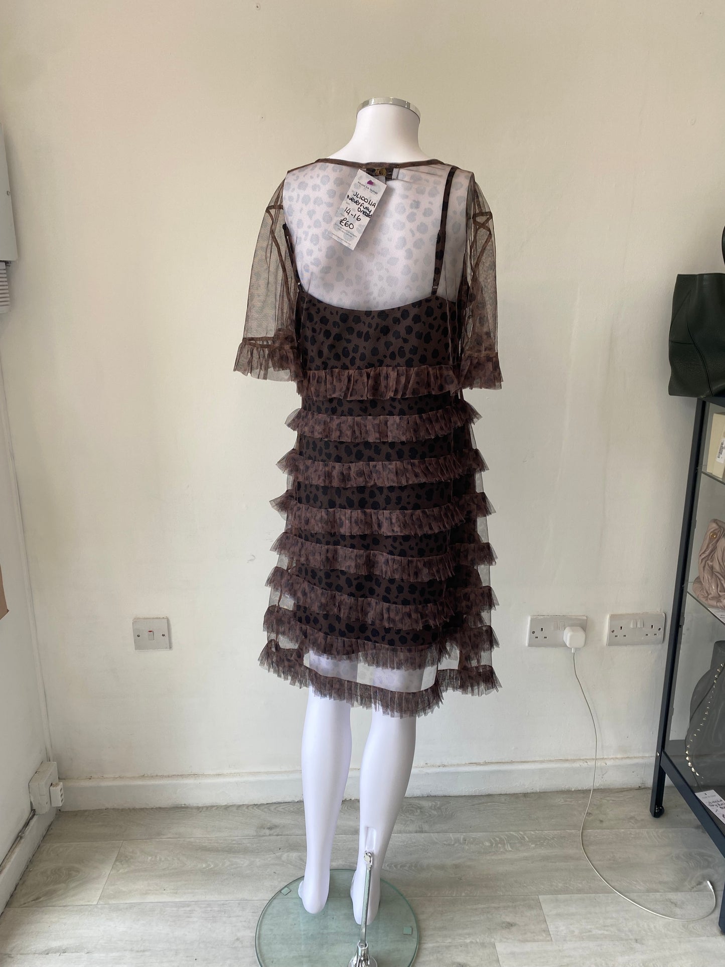 Never Fully Dressed Leopard Print Sheer Ruffle Dress Size 16