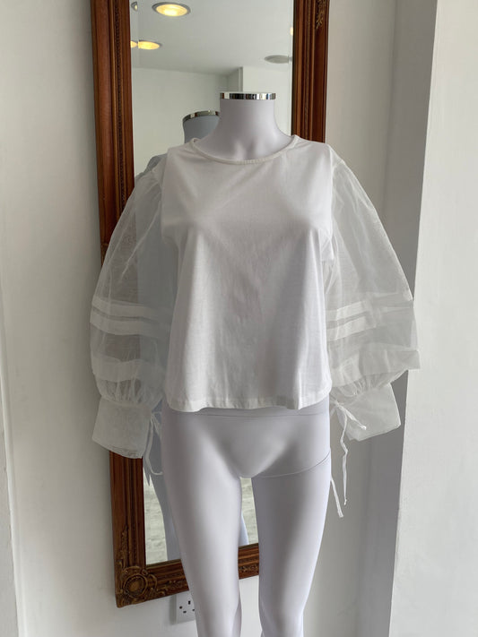 Mango White Top with Sheer Sleeves Size 8-10