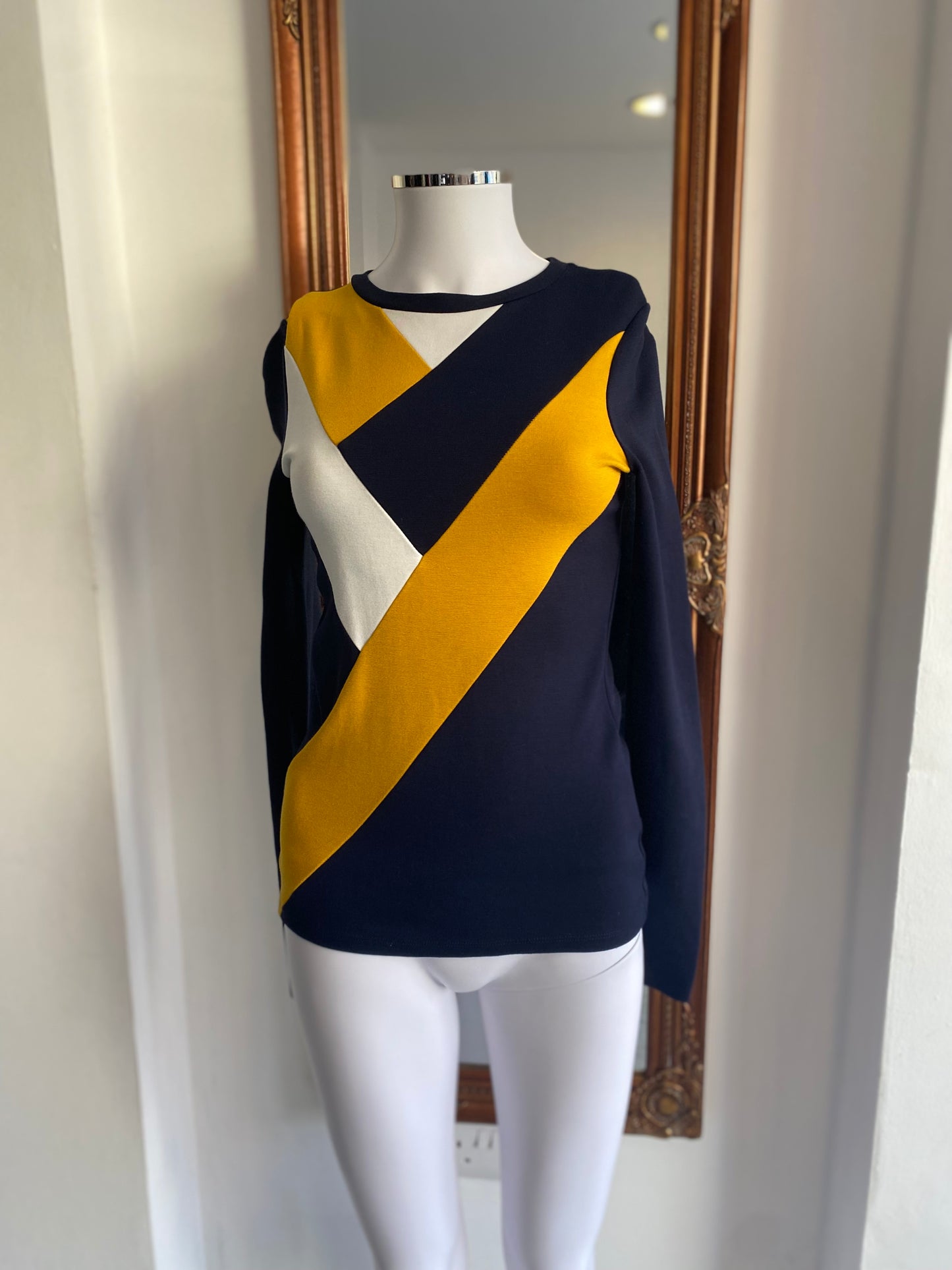 Karen Millen Navy Top with Mustard Pattern Size 10