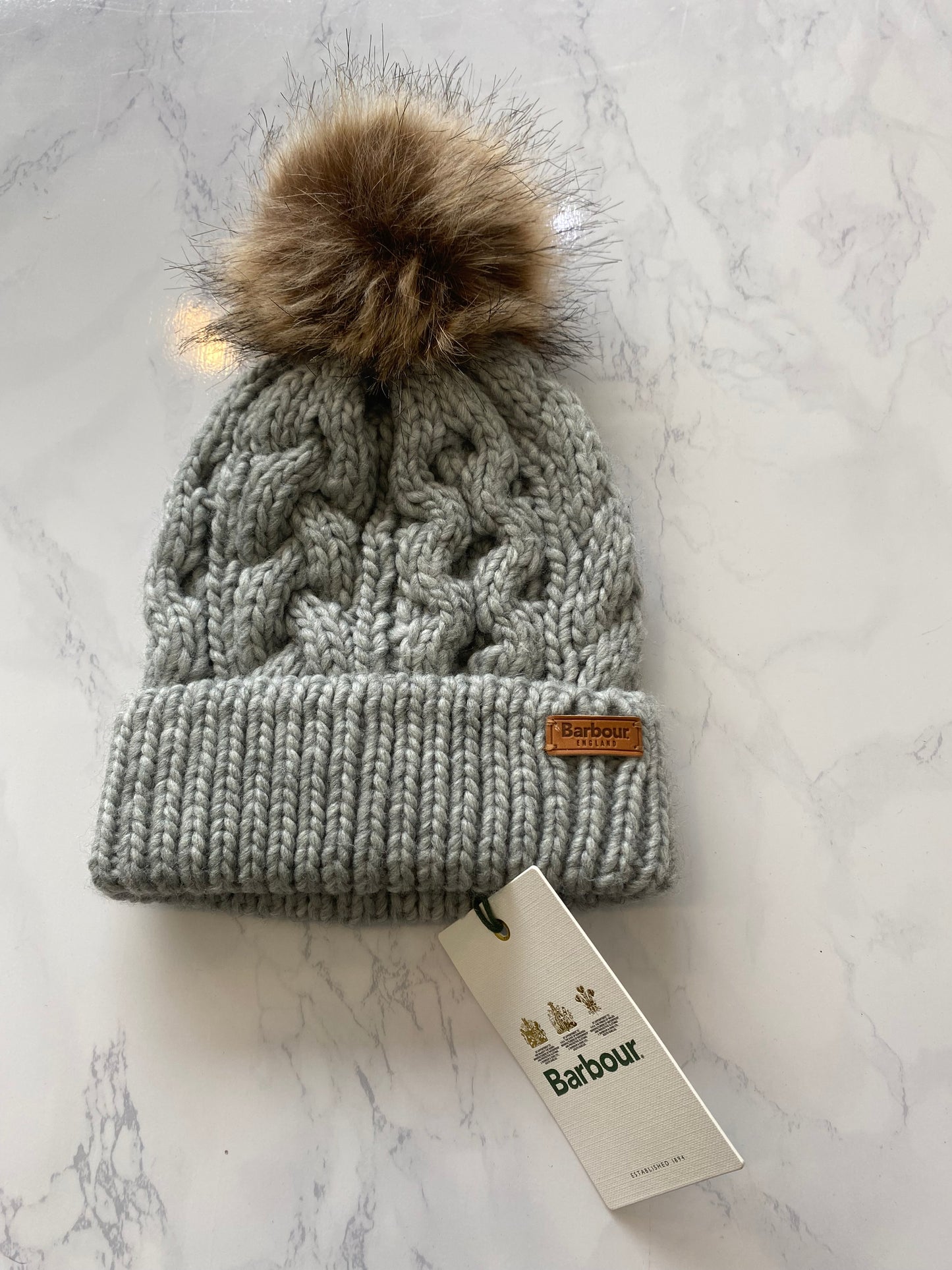 Barbour Grey Knit Bobble Hat Brand New