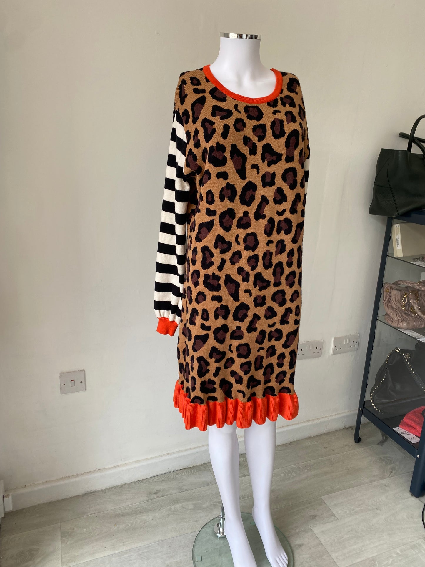 Never Fully Dressed Leopard Print Knit Dress with Striped Sleeves Size 16