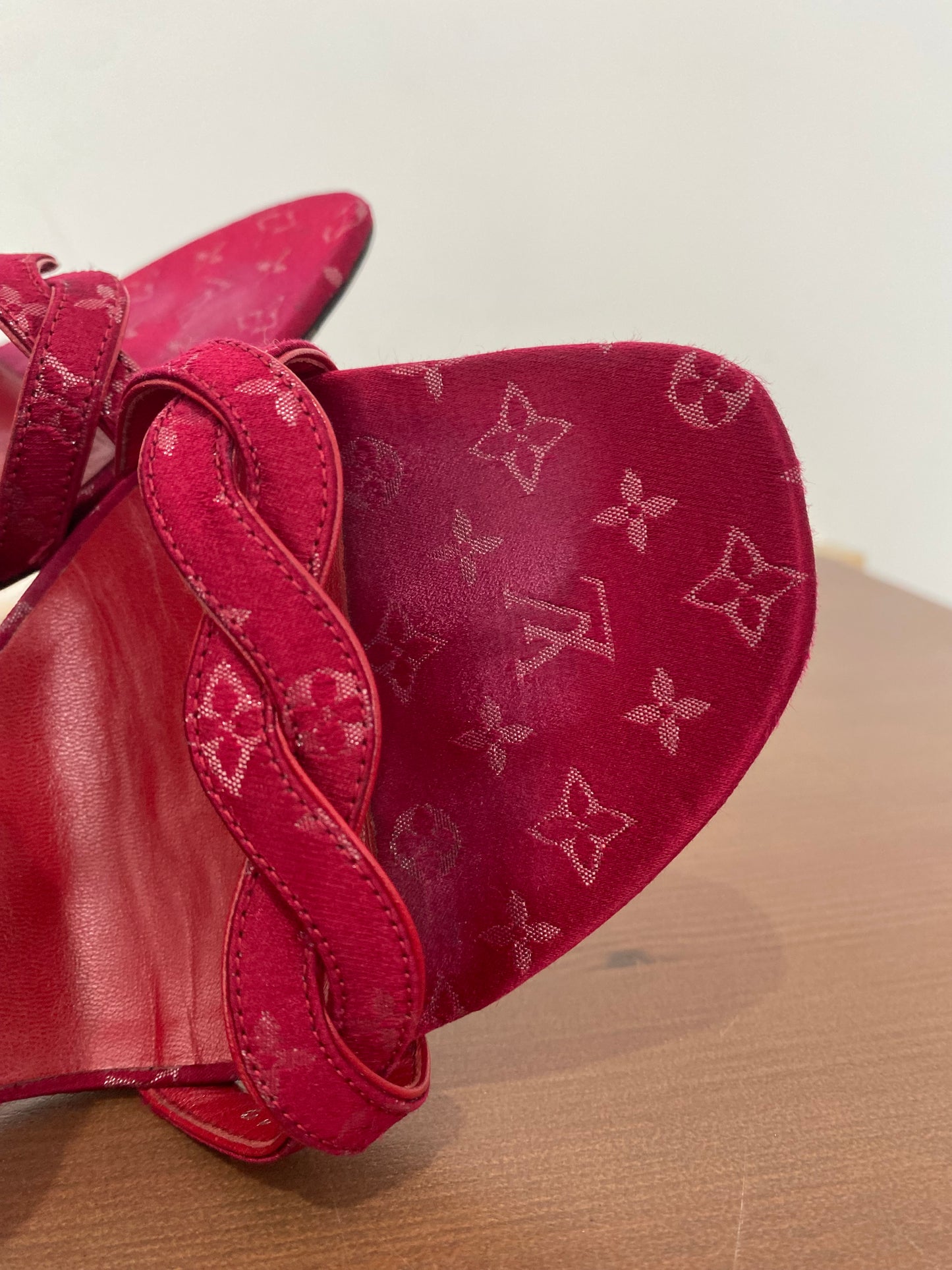 Louis Vuitton Dark Red Monogram Heeled Sandals Size 6 with Dust Bag and Box