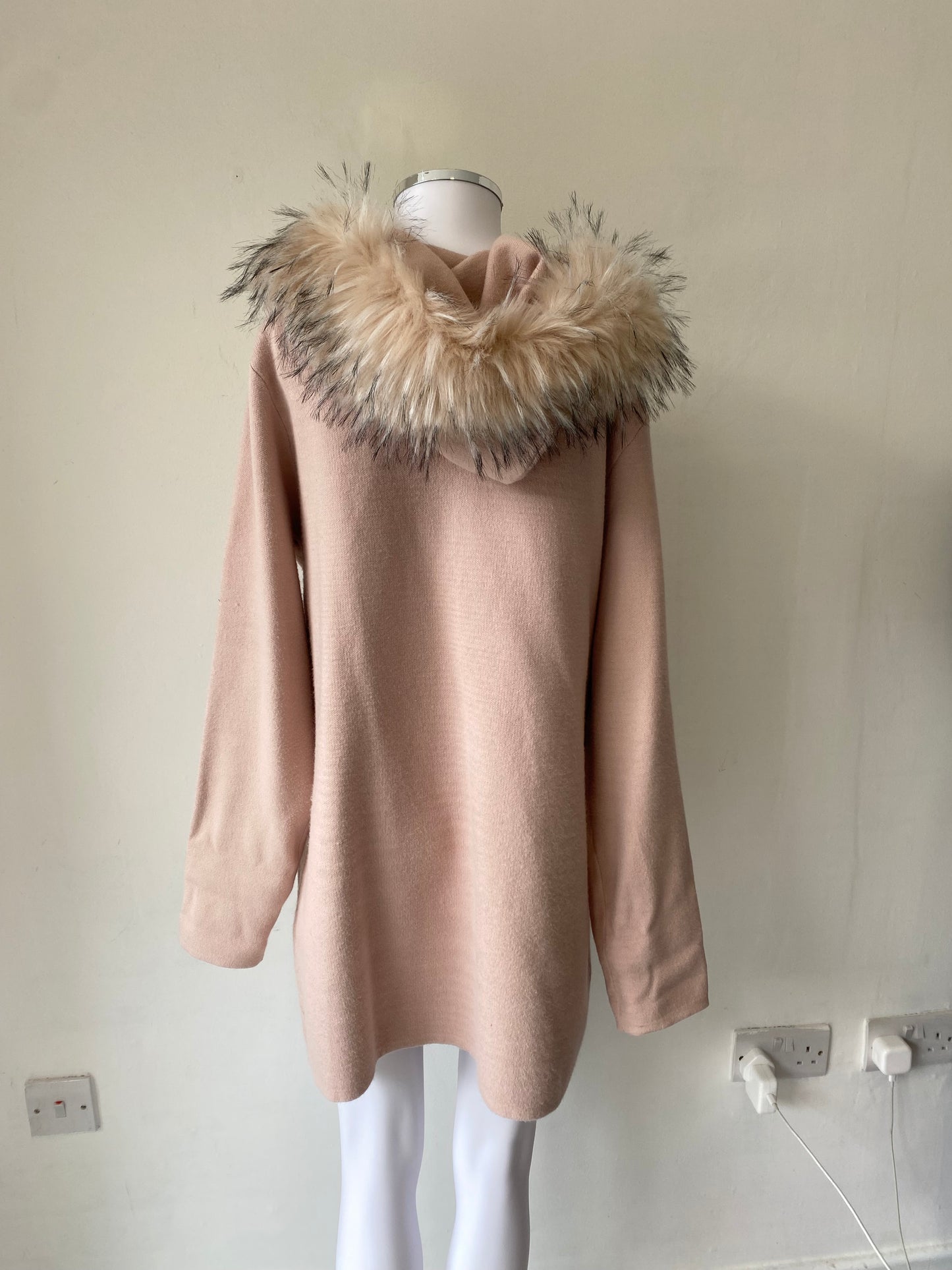 Rino and Pelle Blush Pink Coat Cardigan with Faux Fur Hood Size 12-14