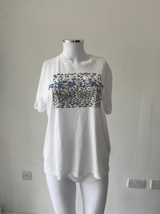 Replay White T-shirt With Leopard Print Design Size 8