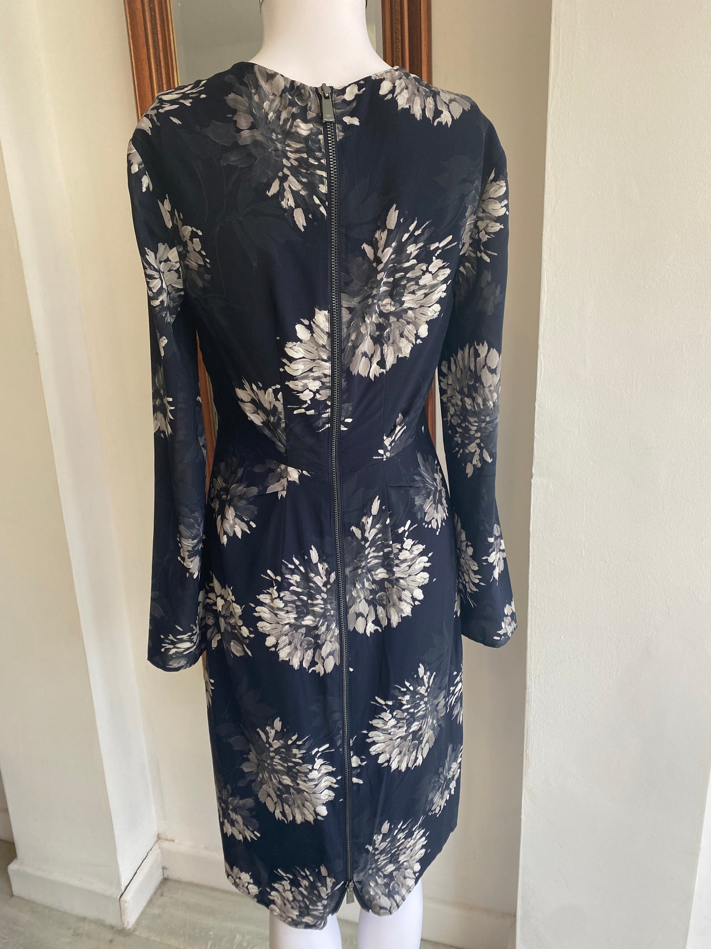 Whistles Navy Silk Dress with Floral Print Size 10