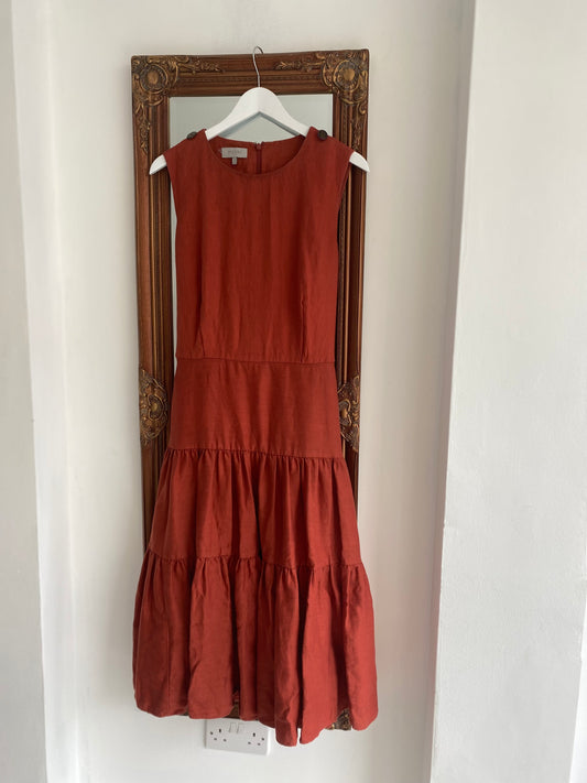 Hobbs Burnt Orange Linen Tiered Maxi Dress Size 16