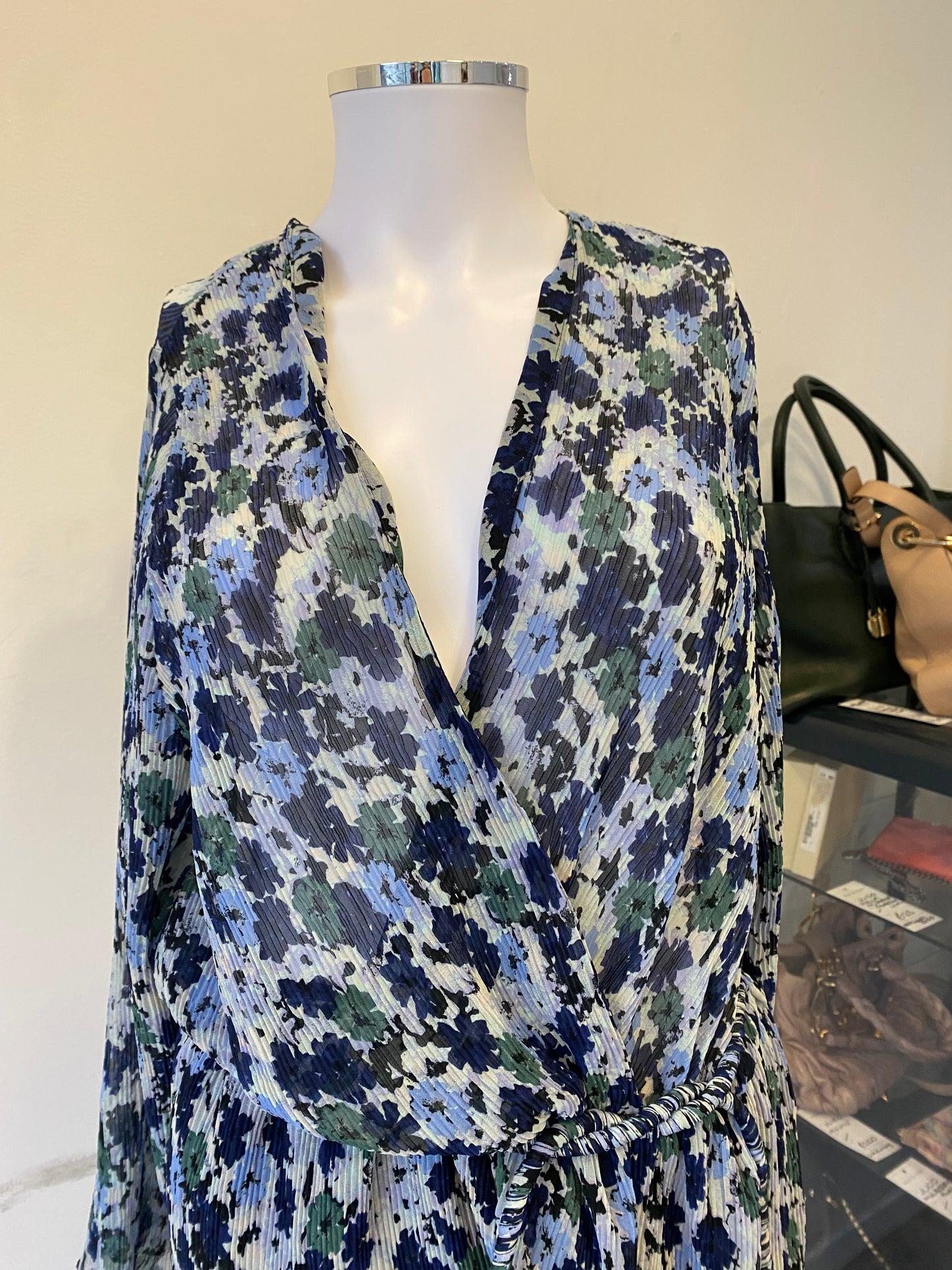 Zara Blue Floral Pleated Belted Dress Size Medium 12