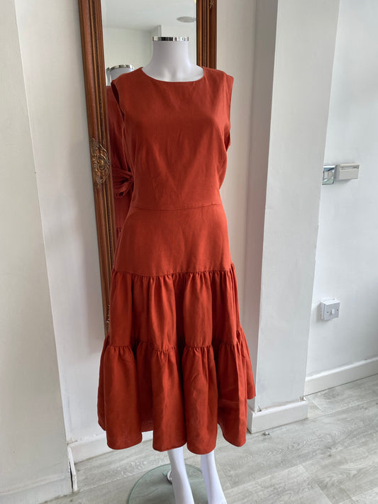 Hobbs Burnt Orange Linen Tiered Dress Size 12